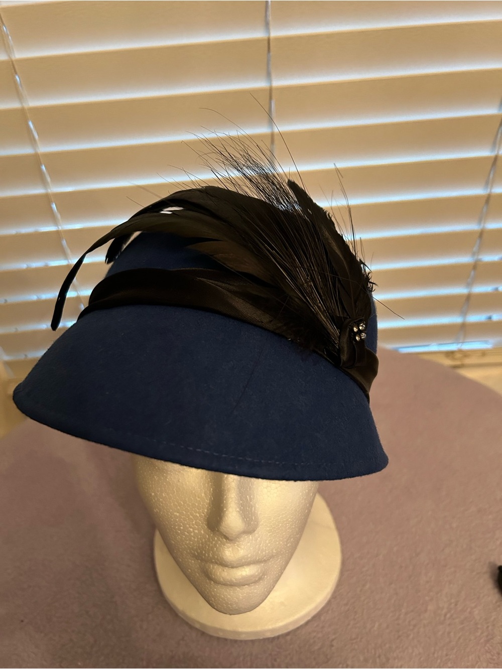 Navy Women's Wool Cloche Hat with Black Feather Trim